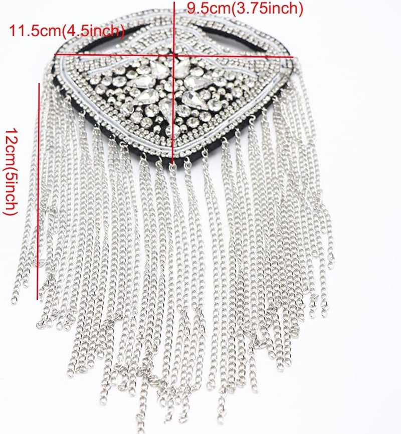 Zthread Crystal Beaded Shoulder Epaulete Badge Rhinestone Shoulder Brooch Pin Gold Chain Tassel Fringe Shoulder Epaullette (Silver) - Image 2